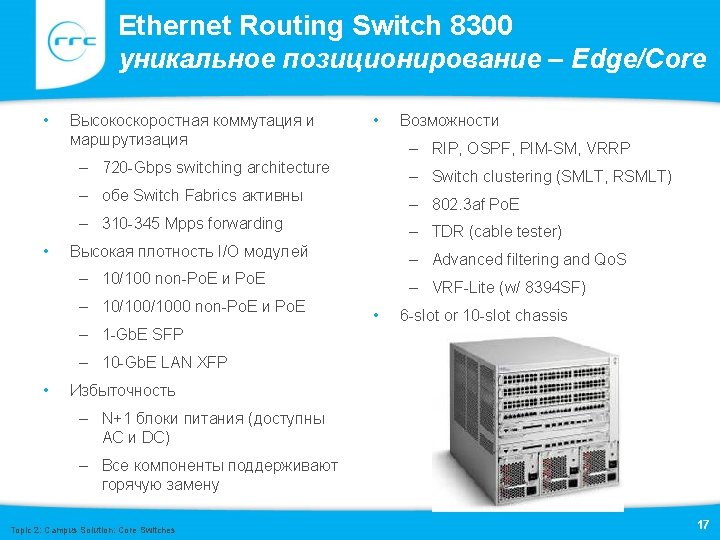 Ethernet Routing Switch 8300 уникальное позиционирование – Edge/Core • Высокоскоростная коммутация и маршрутизация •