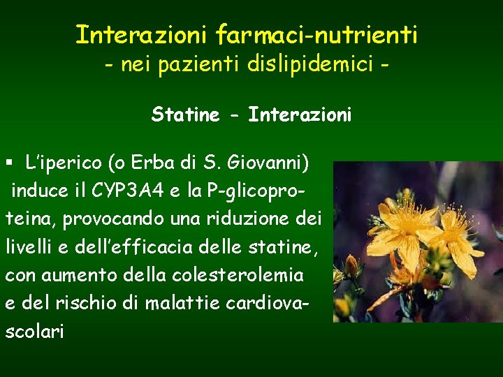 Interazioni farmaci-nutrienti - nei pazienti dislipidemici Statine - Interazioni § L’iperico (o Erba di