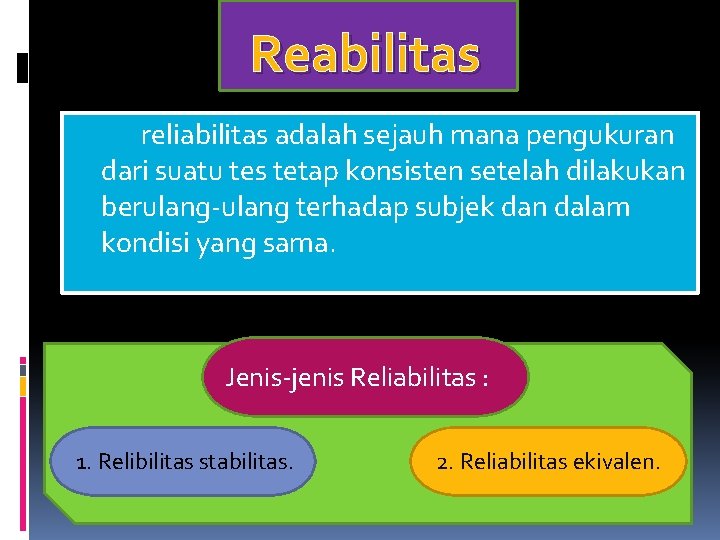 Reabilitas reliabilitas adalah sejauh mana pengukuran dari suatu tes tetap konsisten setelah dilakukan berulang-ulang