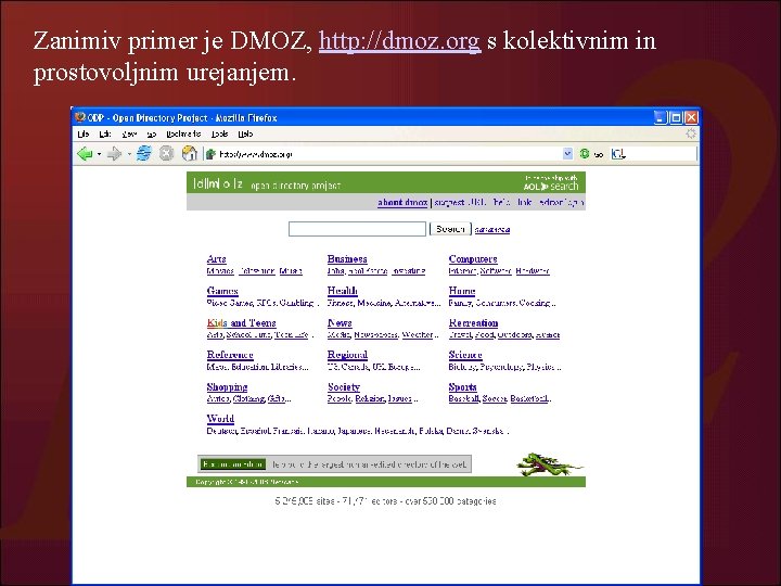 Zanimiv primer je DMOZ, http: //dmoz. org s kolektivnim in prostovoljnim urejanjem. 