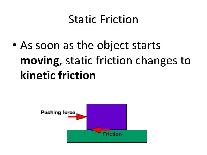 Static Friction • As soon as the object starts moving, static friction changes to