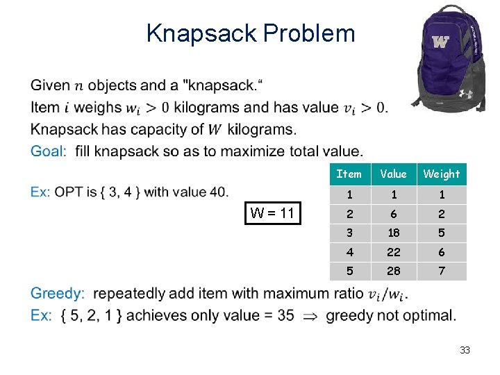 Knapsack Problem • W = 11 Item Value Weight 1 1 1 2 6