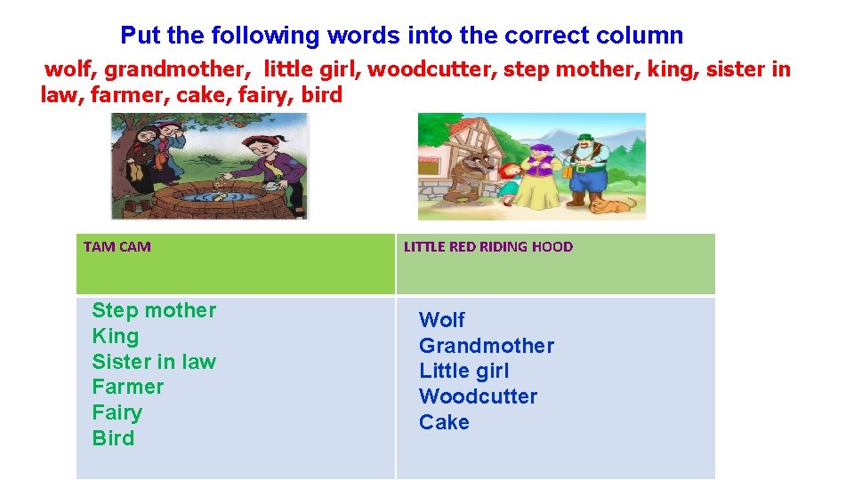 Put the following words into the correct column wolf, grandmother, little girl, woodcutter, step