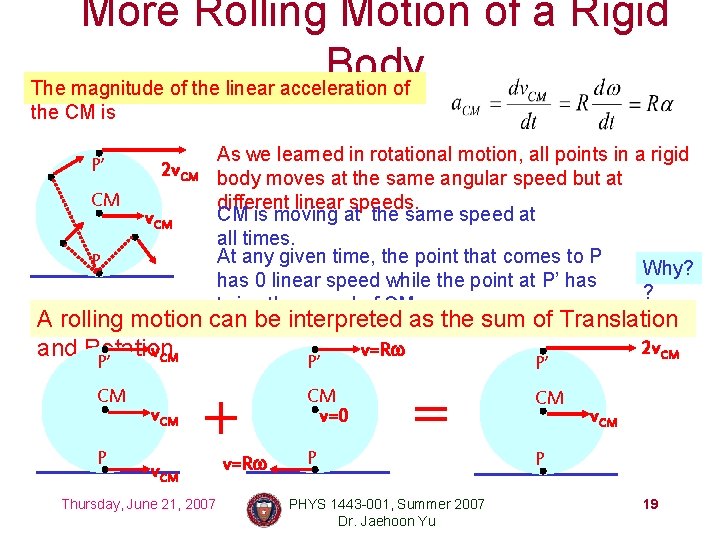 More Rolling Motion of a Rigid Body The magnitude of the linear acceleration of