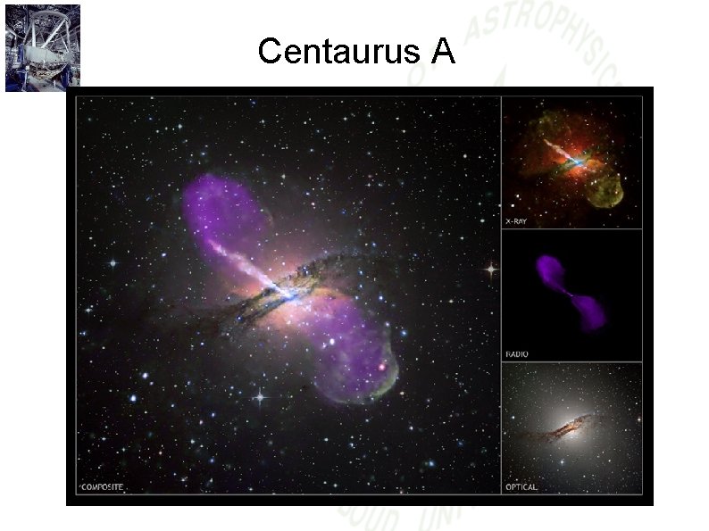 Centaurus A Meeste nabije actieve melkwegstelsel: 4 Mpc afstand (15 miljoen lichtjaar) 