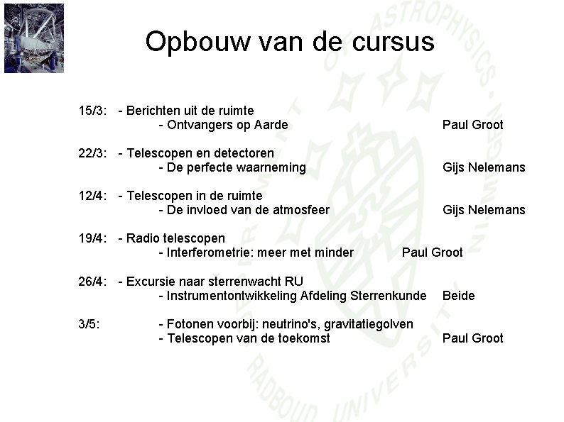 Opbouw van de cursus 15/3: - Berichten uit de ruimte - Ontvangers op Aarde