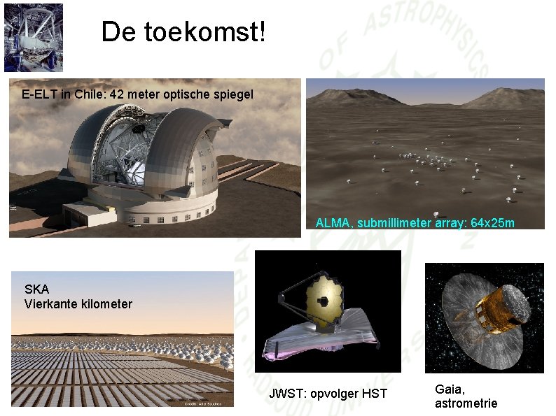 De toekomst! E-ELT in Chile: 42 meter optische spiegel ALMA, submillimeter array: 64 x