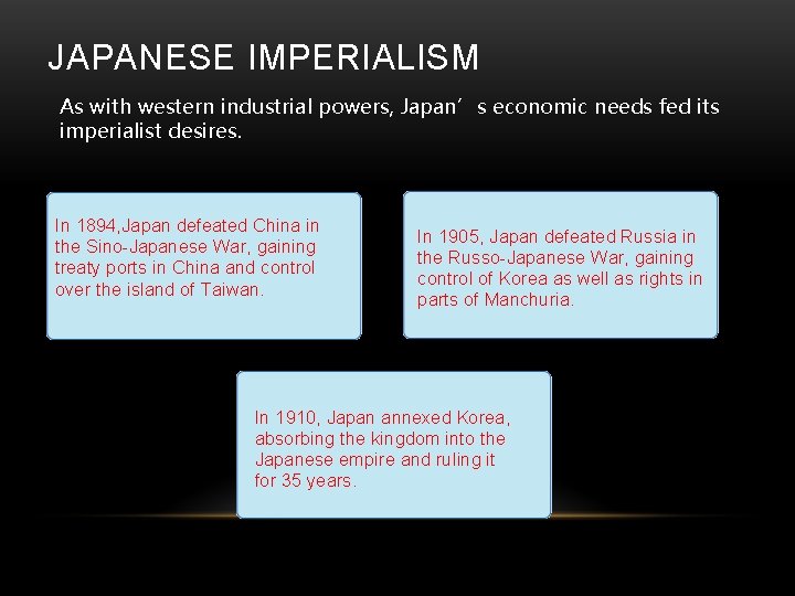 JAPANESE IMPERIALISM As with western industrial powers, Japan’s economic needs fed its imperialist desires.