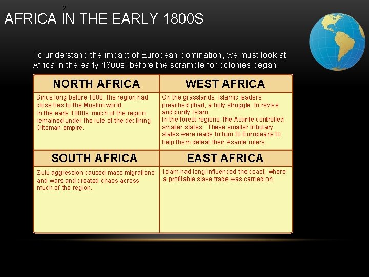 2 AFRICA IN THE EARLY 1800 S To understand the impact of European domination,