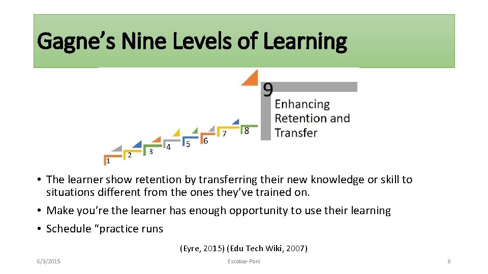 Gagne’s Nine Levels of Learning • The learner show retention by transferring their new