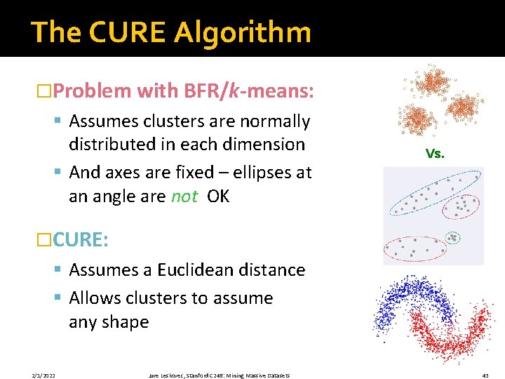 The CURE Algorithm �Problem with BFR/k-means: § Assumes clusters are normally distributed in each