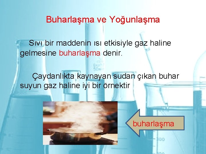 Buharlaşma ve Yoğunlaşma Sıvı bir maddenin ısı etkisiyle gaz haline gelmesine buharlaşma denir. Çaydanlıkta