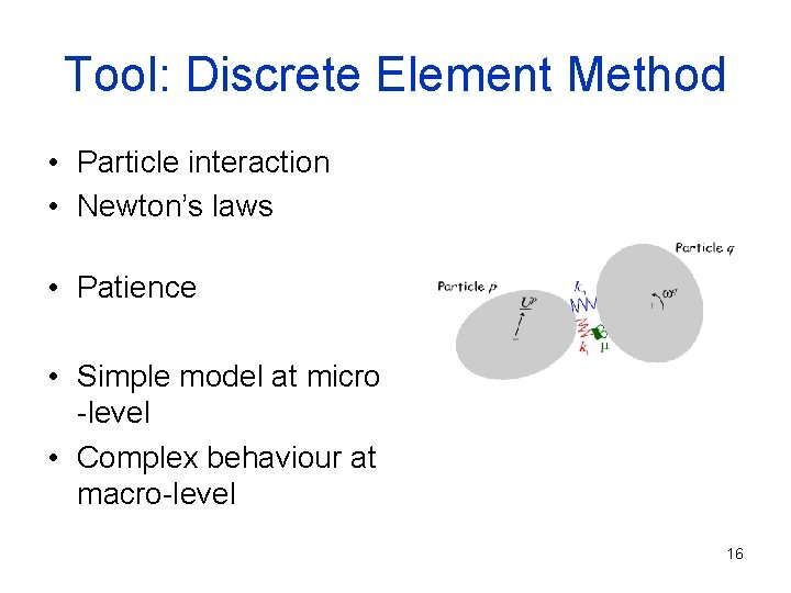 Tool: Discrete Element Method • Particle interaction • Newton’s laws • Patience • Simple