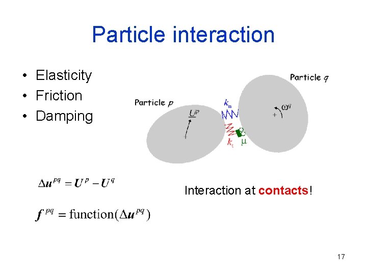 Particle interaction • Elasticity • Friction • Damping Interaction at contacts! 17 