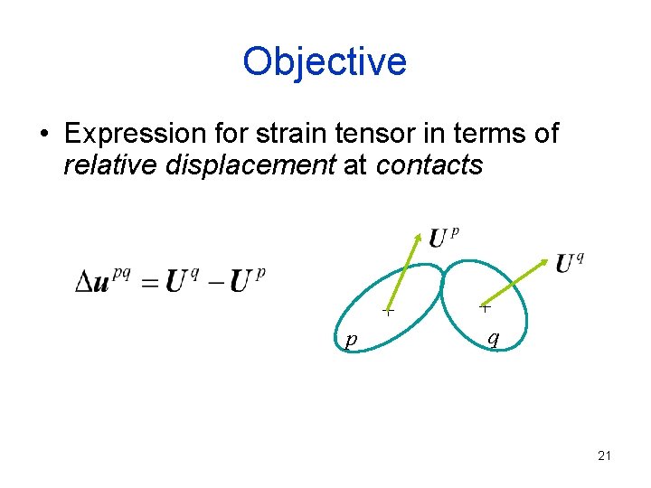 Objective • Expression for strain tensor in terms of relative displacement at contacts +