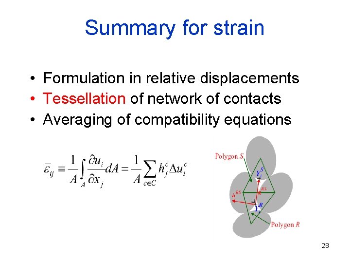 Summary for strain • Formulation in relative displacements • Tessellation of network of contacts