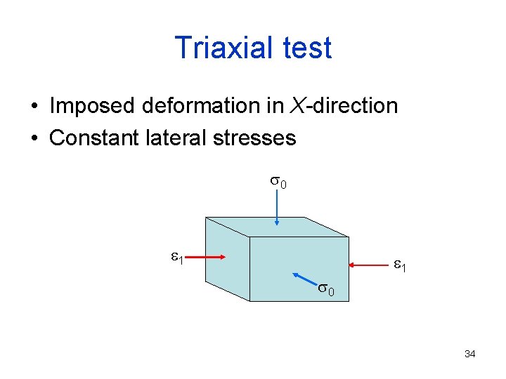 Triaxial test • Imposed deformation in X-direction • Constant lateral stresses s 0 e