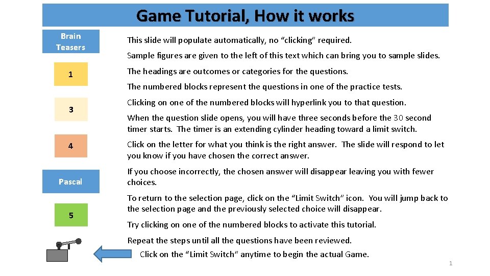 Game Tutorial, How it works Brain Teasers This slide will populate automatically, no “clicking”