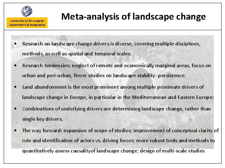 University of the Aegean Department of Geography Meta-analysis of landscape change • Research on