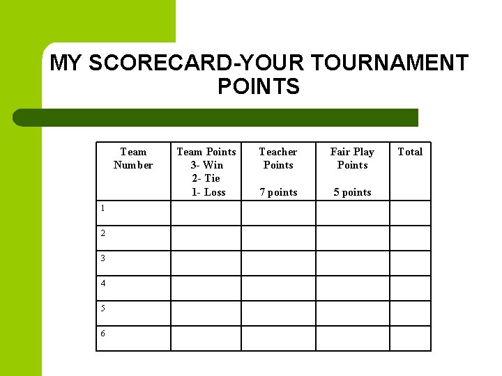 MY SCORECARD-YOUR TOURNAMENT POINTS Team Number 1 2 3 4 5 6 Team Points