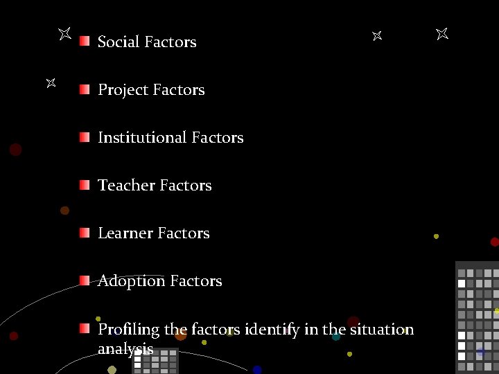Social Factors Project Factors Institutional Factors Teacher Factors Learner Factors Adoption Factors Profiling the