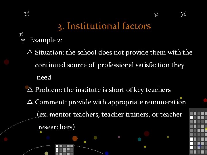 3. Institutional factors ＊ Example 2: △ Situation: the school does not provide them