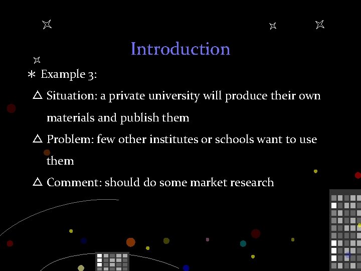 Introduction ＊ Example 3: △ Situation: a private university will produce their own materials