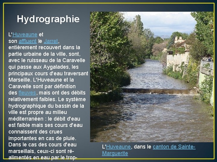 Hydrographie L'Huveaune et son affluent le Jarret, entièrement recouvert dans la partie urbaine de