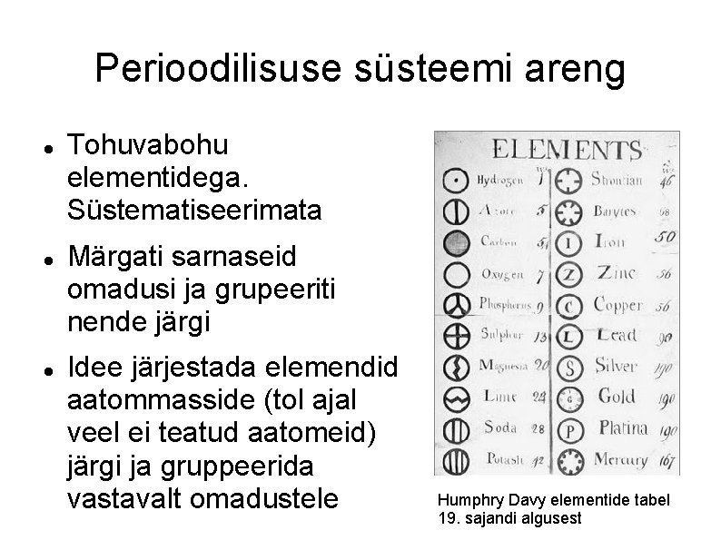 Perioodilisuse süsteemi areng Tohuvabohu elementidega. Süstematiseerimata Märgati sarnaseid omadusi ja grupeeriti nende järgi Idee