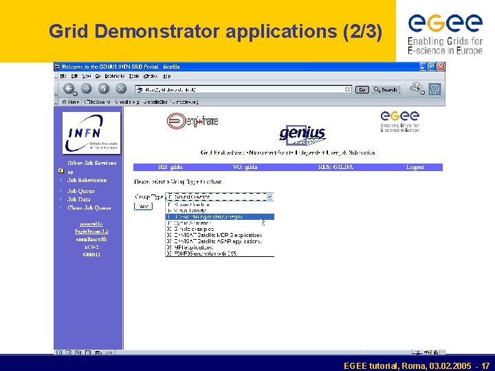 Grid Demonstrator applications (2/3) EGEE tutorial, Roma, 03. 02. 2005 - 17 