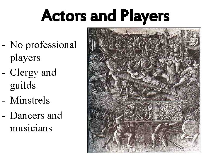 Actors and Players - No professional players - Clergy and guilds - Minstrels -