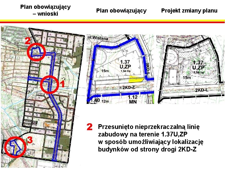 Plan obowiązujący – wnioski Plan obowiązujący Projekt zmiany planu 2 1 3 2 Przesunięto