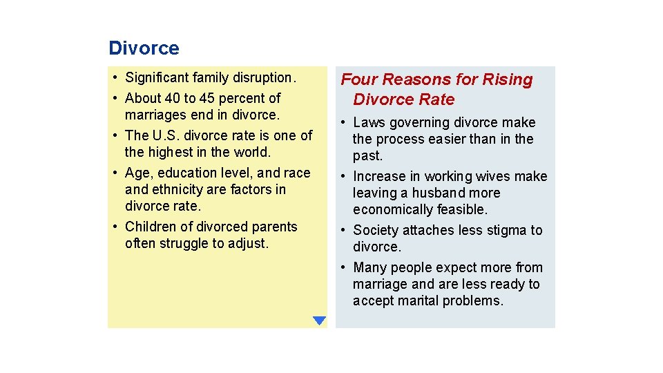 Divorce • Significant family disruption. • About 40 to 45 percent of marriages end