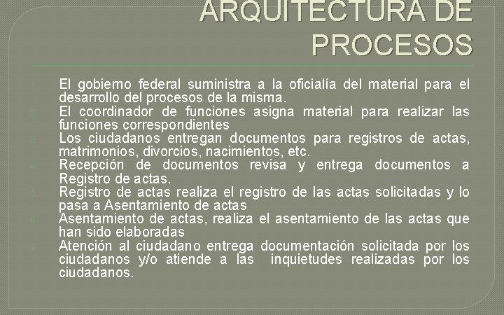 ARQUITECTURA DE PROCESOS 1. 2. 3. 4. 5. 6. 7. El gobierno federal suministra