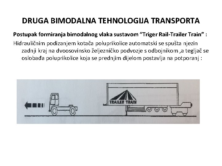 DRUGA BIMODALNA TEHNOLOGIJA TRANSPORTA Postupak formiranja bimodalnog vlaka sustavom “Triger Rail-Trailer Train” : Hidrauličnim