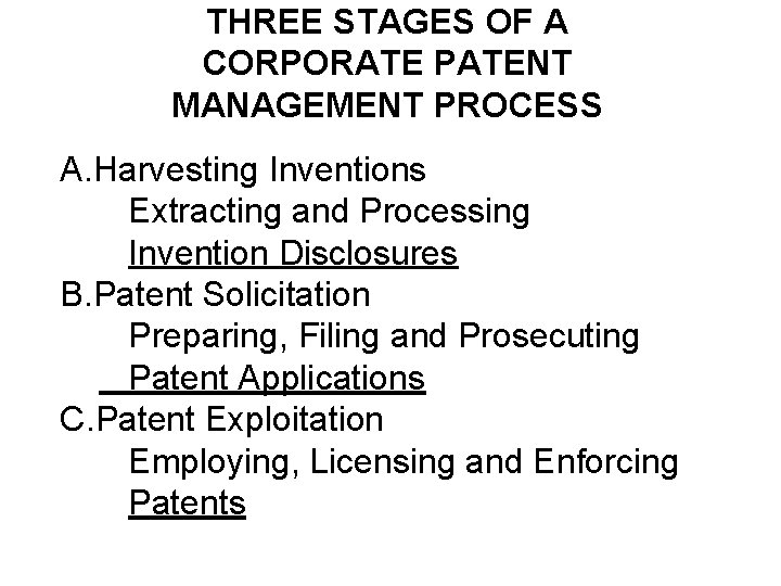 THREE STAGES OF A CORPORATE PATENT MANAGEMENT PROCESS A. Harvesting Inventions Extracting and Processing