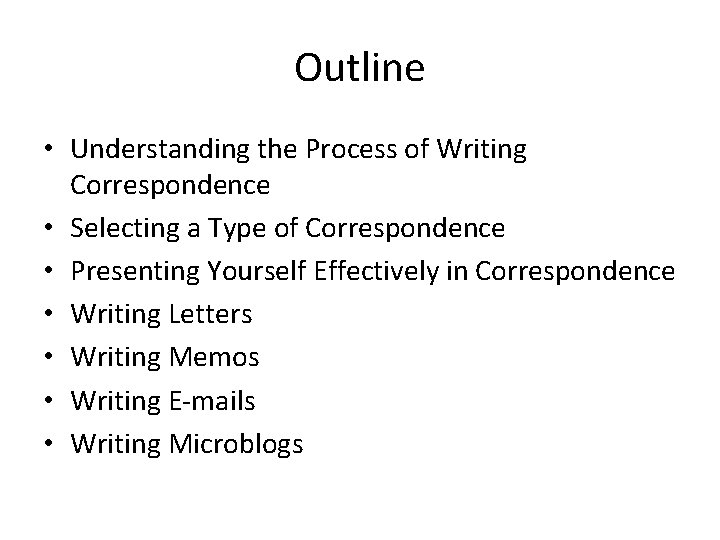 Outline • Understanding the Process of Writing Correspondence • Selecting a Type of Correspondence