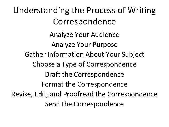 Understanding the Process of Writing Correspondence Analyze Your Audience Analyze Your Purpose Gather Information