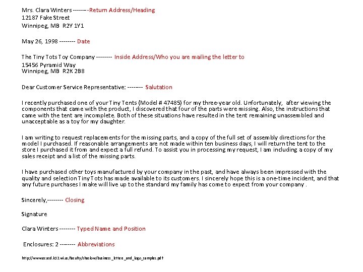 Mrs. Clara Winters ----Return Address/Heading 12187 Fake Street Winnipeg, MB R 2 Y 1