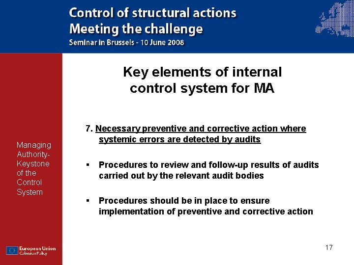 Key elements of internal control system for MA Managing Authority. Keystone of the Control