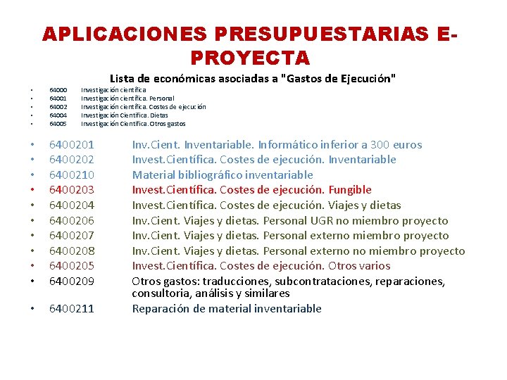 APLICACIONES PRESUPUESTARIAS EPROYECTA • • • 64000 64001 64002 64004 64005 • • •