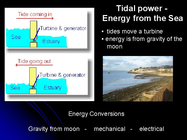 Tidal power Energy from the Sea • tides move a turbine • energy is