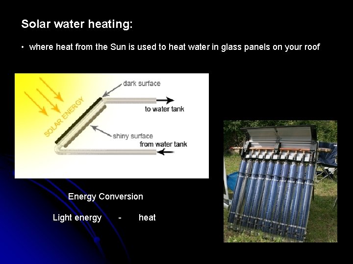 Solar water heating: • where heat from the Sun is used to heat water