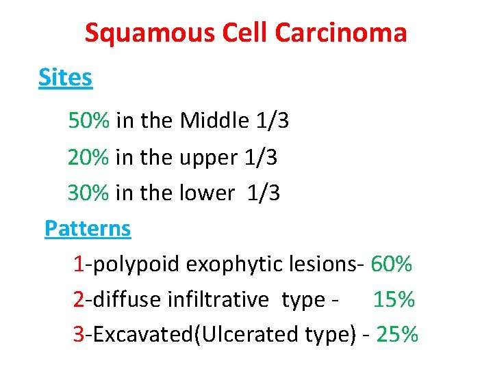 Squamous Cell Carcinoma Sites 50% in the Middle 1/3 20% in the upper 1/3