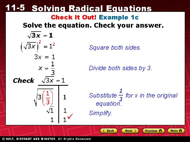 11 -5 Solving Radical Equations Check It Out! Example 1 c Solve the equation.