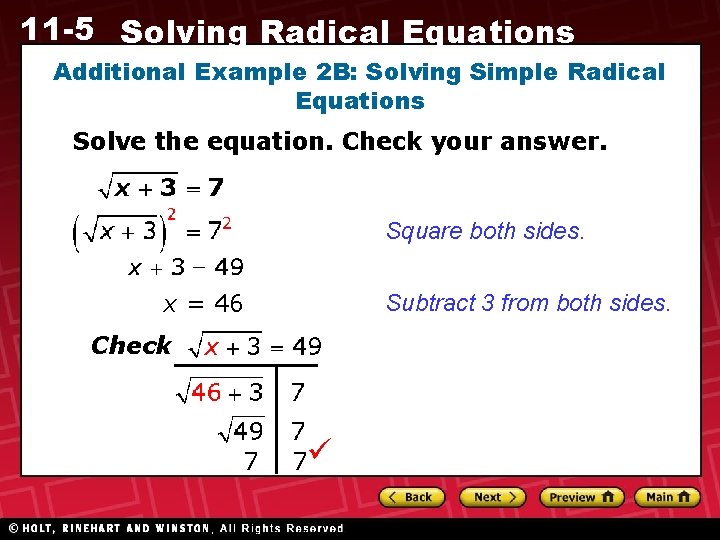 11 -5 Solving Radical Equations Additional Example 2 B: Solving Simple Radical Equations Solve