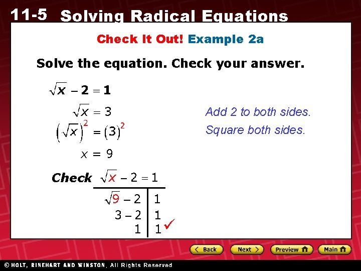 11 -5 Solving Radical Equations Check It Out! Example 2 a Solve the equation.