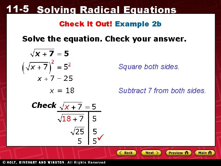 11 -5 Solving Radical Equations Check It Out! Example 2 b Solve the equation.