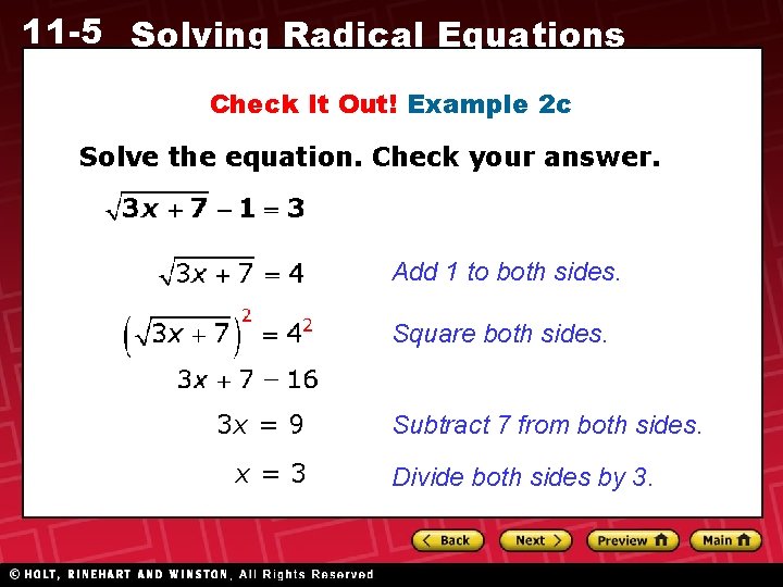 11 -5 Solving Radical Equations Check It Out! Example 2 c Solve the equation.