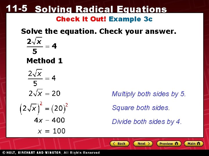 11 -5 Solving Radical Equations Check It Out! Example 3 c Solve the equation.